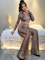 Leopard Print Crop Top & Flare Leg Pants Shein