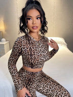 Leopard Print Crop Top & Flare Leg Pants Shein