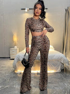 Leopard Print Crop Top & Flare Leg Pants Shein
