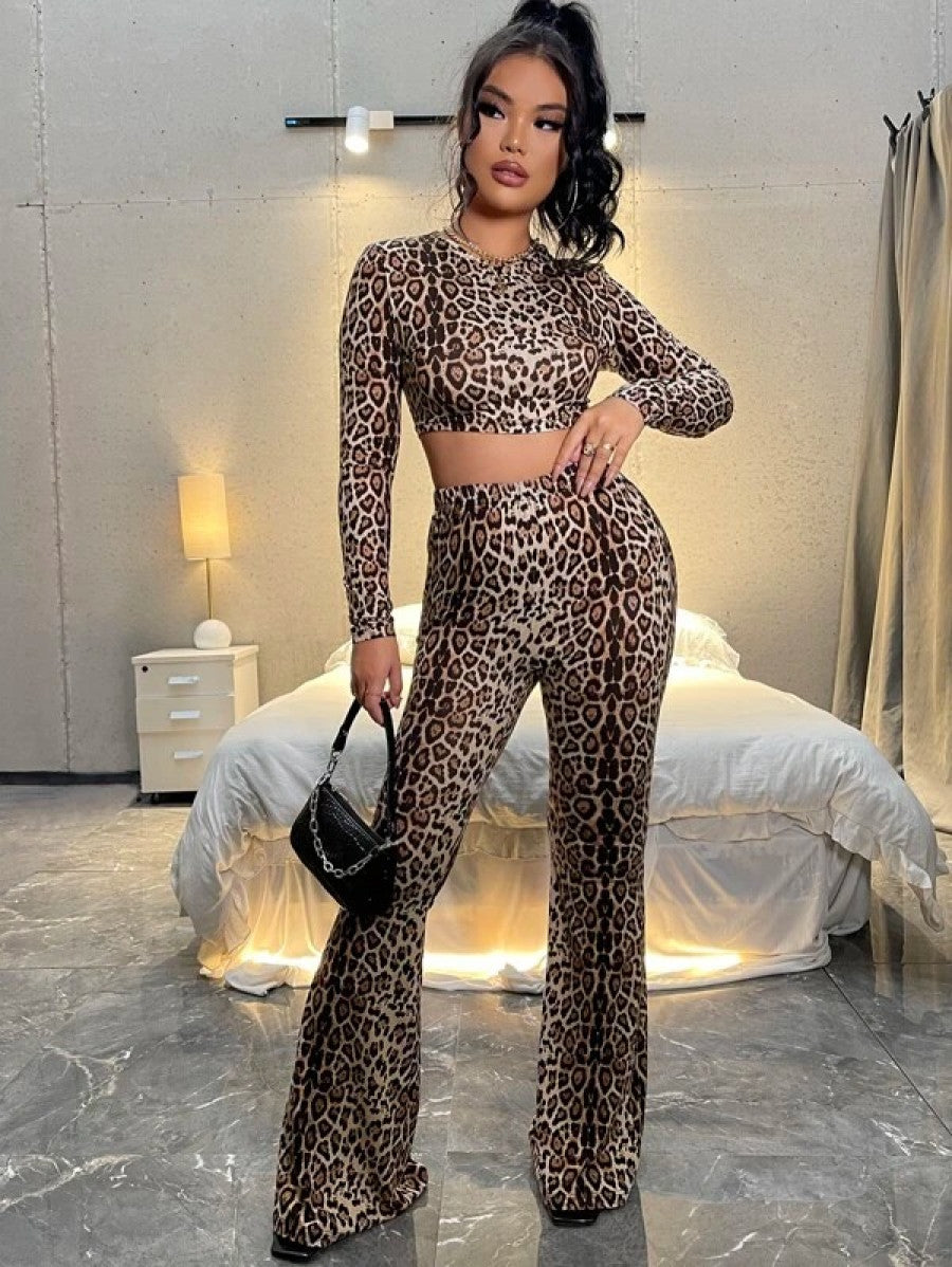 Leopard Print Crop Top & Flare Leg Pants Shein