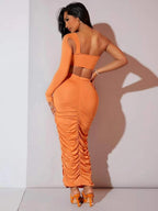 SXY One Shoulder Ring Linked Cut Out Crop Top & Ruched Pencil Skirt Shein