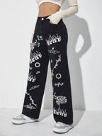 High Waist Letter & Fire Pattern Wide Leg Jeans Shein