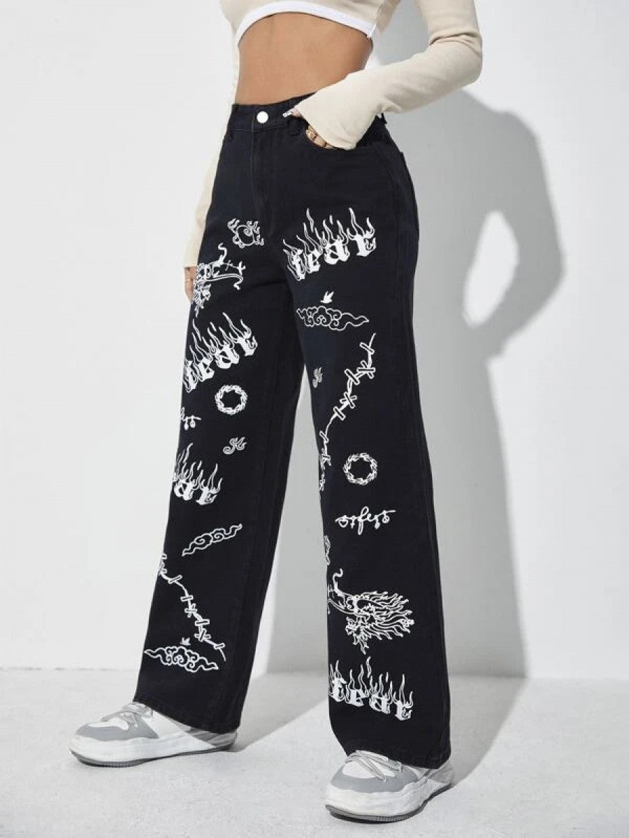 High Waist Letter & Fire Pattern Wide Leg Jeans Shein