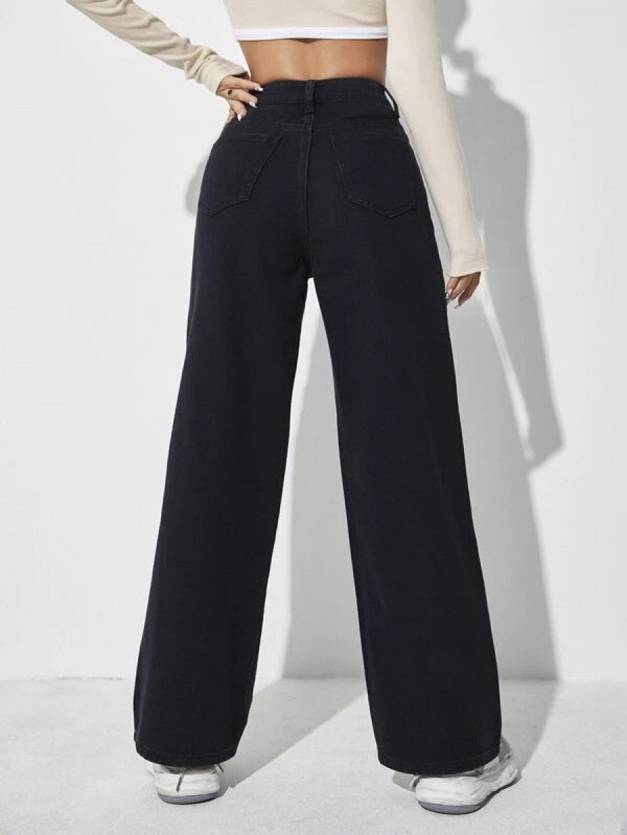 High Waist Letter & Fire Pattern Wide Leg Jeans Shein