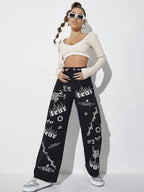 High Waist Letter & Fire Pattern Wide Leg Jeans Shein