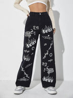 High Waist Letter & Fire Pattern Wide Leg Jeans Shein