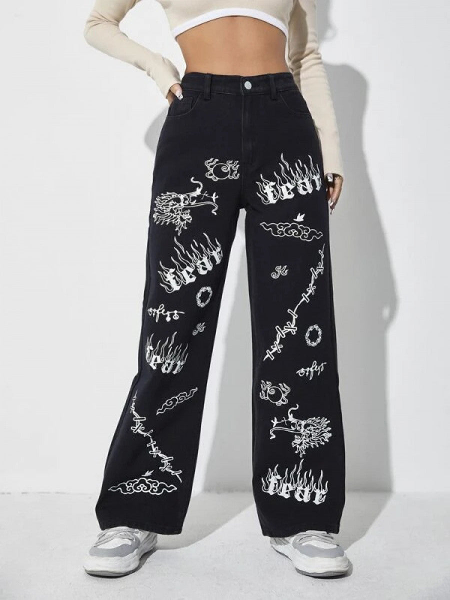 High Waist Letter & Fire Pattern Wide Leg Jeans Shein