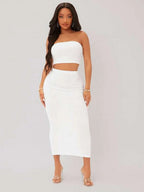 SXY Textured Crop Tube Top & Pencil Skirt Set Shein