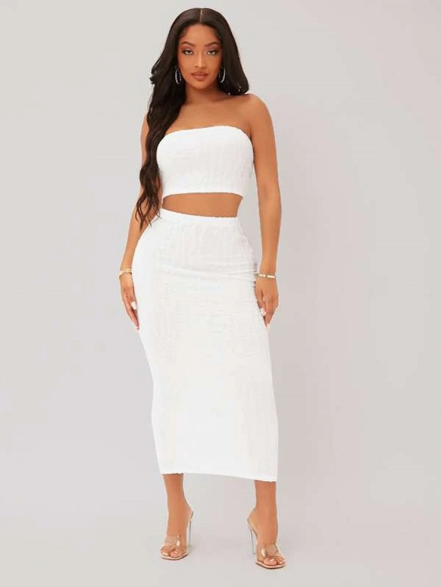 SXY Textured Crop Tube Top & Pencil Skirt Set Shein