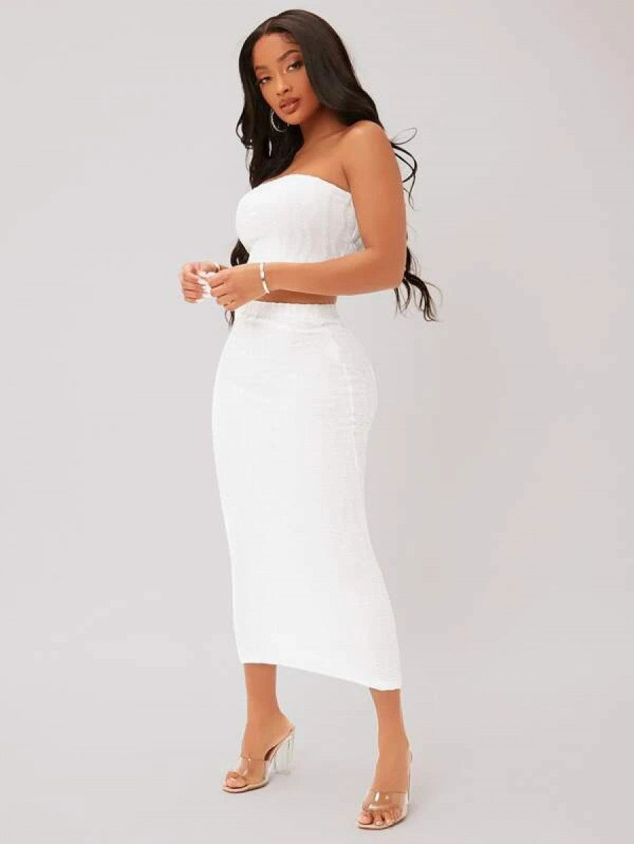 SXY Textured Crop Tube Top & Pencil Skirt Set Shein