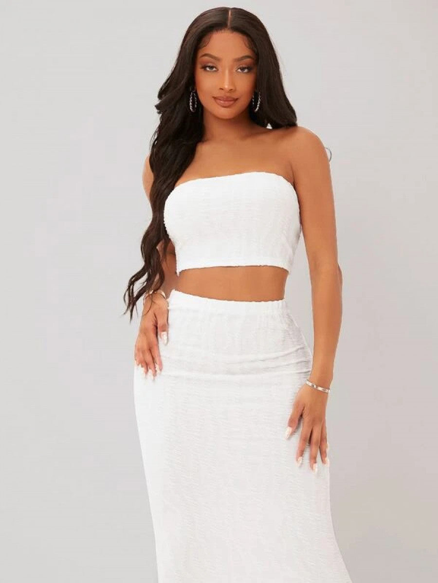 SXY Textured Crop Tube Top & Pencil Skirt Set Shein