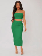 SXY Textured Crop Tube Top & Pencil Skirt Set Shein