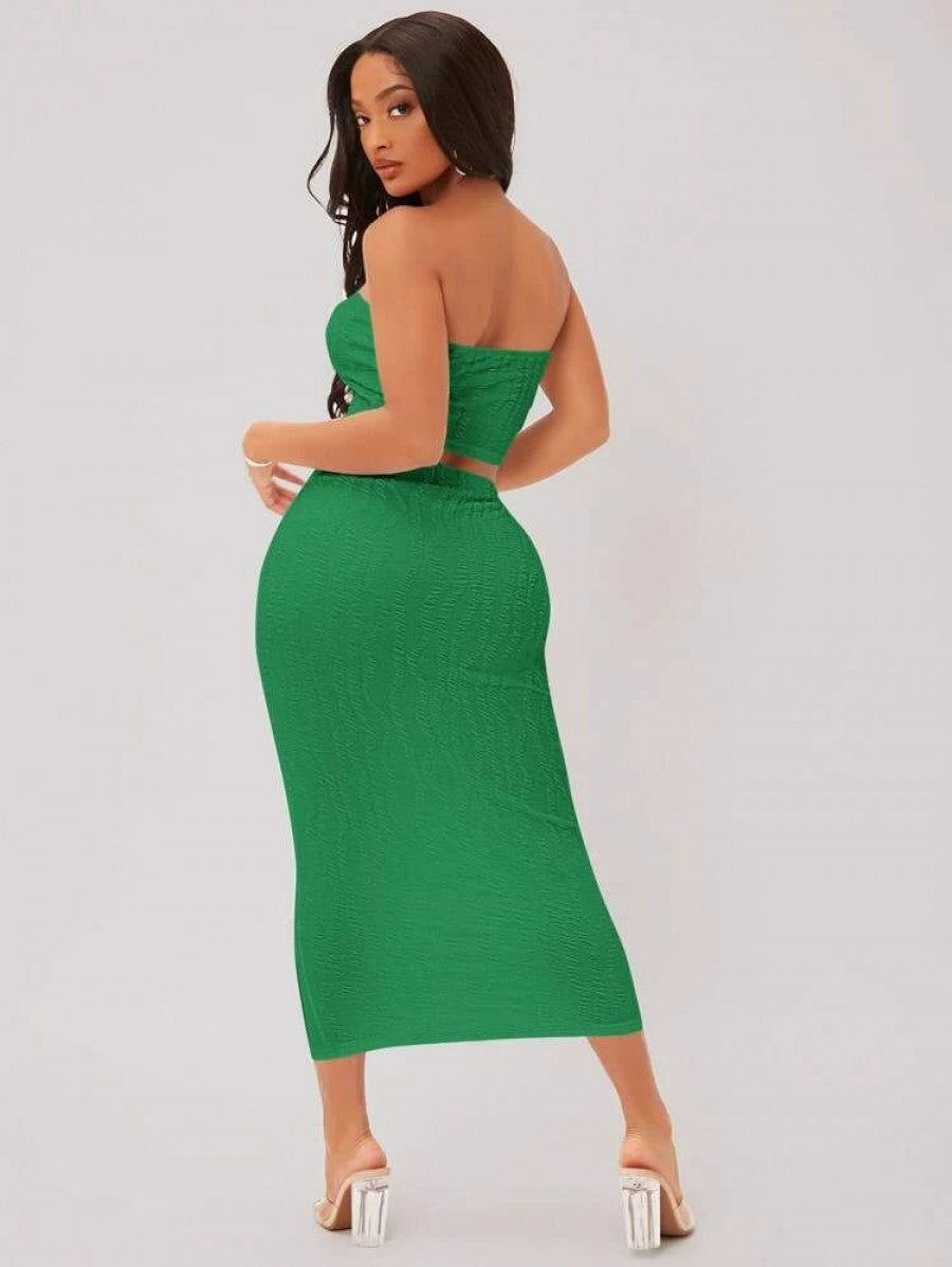 SXY Textured Crop Tube Top & Pencil Skirt Set Shein