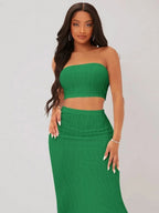 SXY Textured Crop Tube Top & Pencil Skirt Set Shein