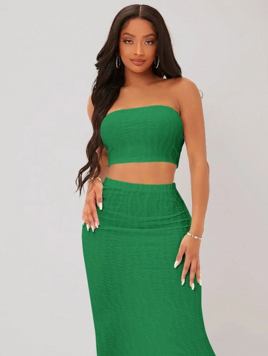 SXY Textured Crop Tube Top & Pencil Skirt Set Shein