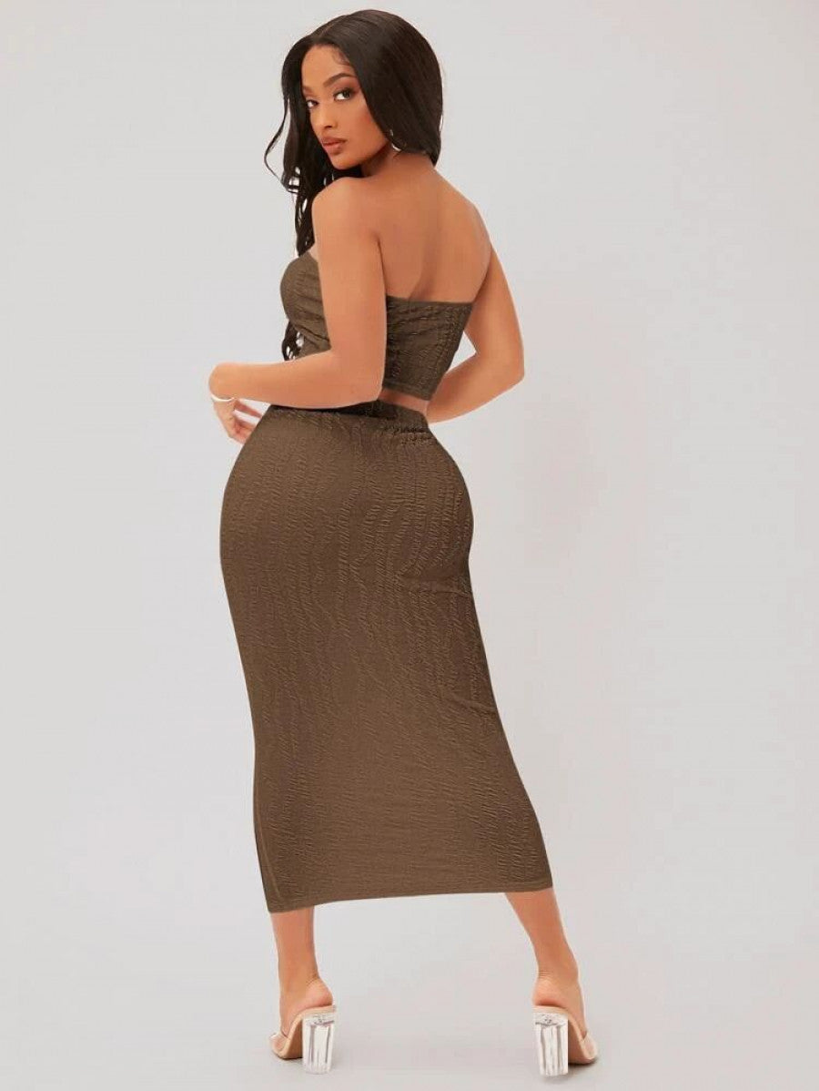 SXY Textured Crop Tube Top & Pencil Skirt Set Shein