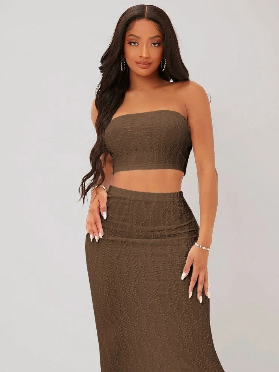 SXY Textured Crop Tube Top & Pencil Skirt Set Shein
