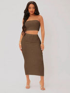 SXY Textured Crop Tube Top & Pencil Skirt Set Shein