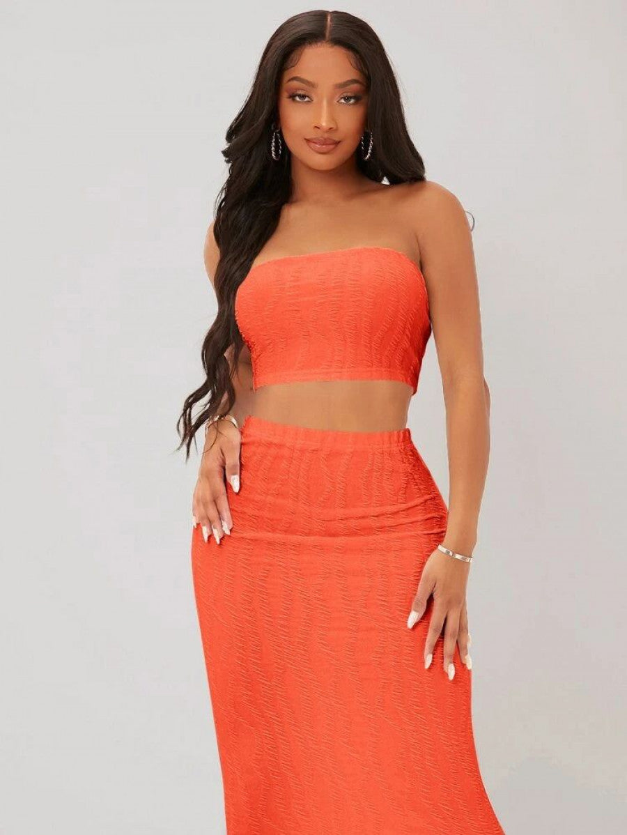 SXY Textured Crop Tube Top & Pencil Skirt Set Shein