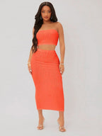 SXY Textured Crop Tube Top & Pencil Skirt Set Shein