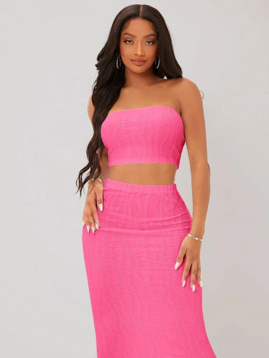 SXY Textured Crop Tube Top & Pencil Skirt Set Shein