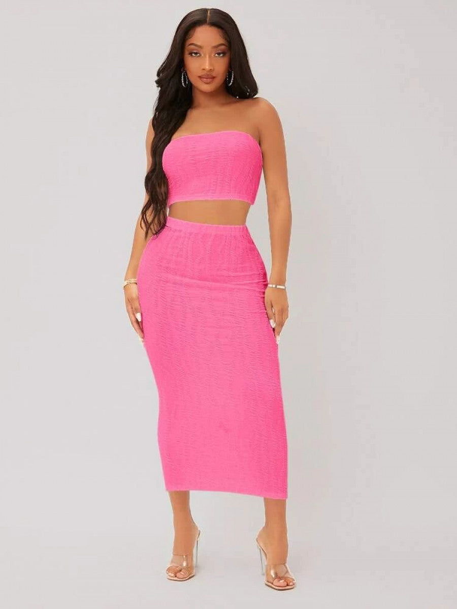 SXY Textured Crop Tube Top & Pencil Skirt Set Shein