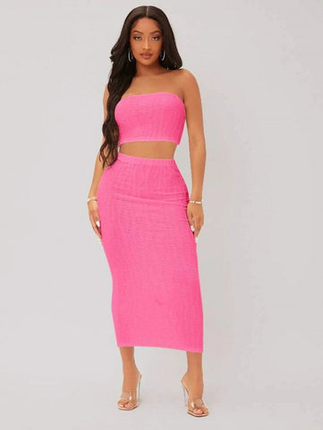 SXY Textured Crop Tube Top & Pencil Skirt Set