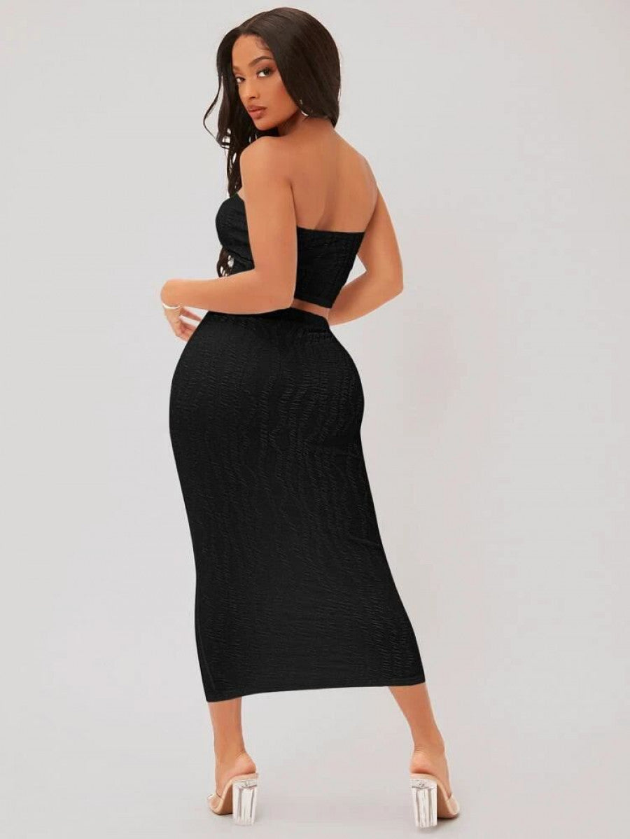 SXY Textured Crop Tube Top & Pencil Skirt Set