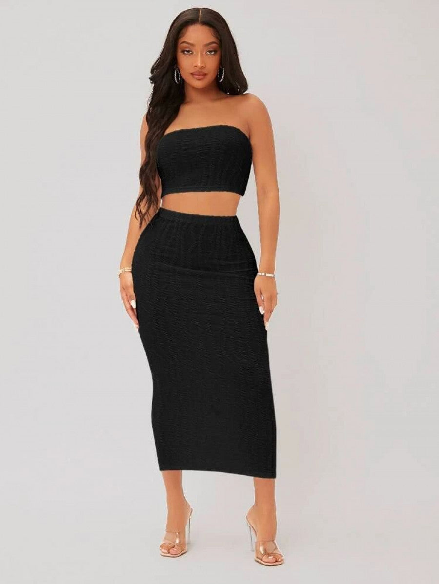 SXY Textured Crop Tube Top & Pencil Skirt Set Shein