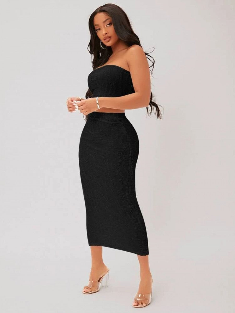 SXY Textured Crop Tube Top & Pencil Skirt Set Shein