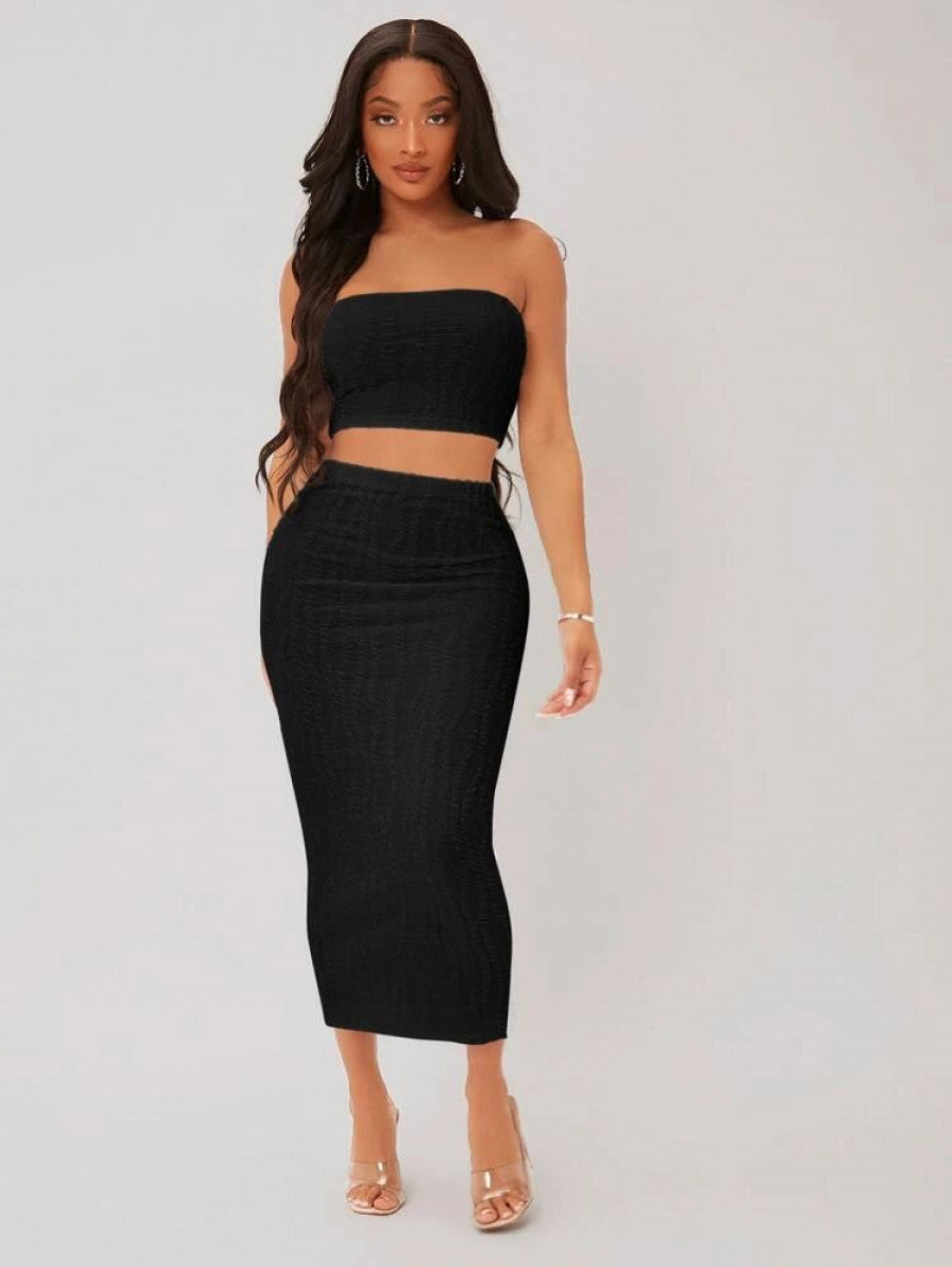 SXY Textured Crop Tube Top & Pencil Skirt Set Shein