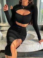 Cut Out Crop Tee & High Waist Split Thigh Skirt Shein