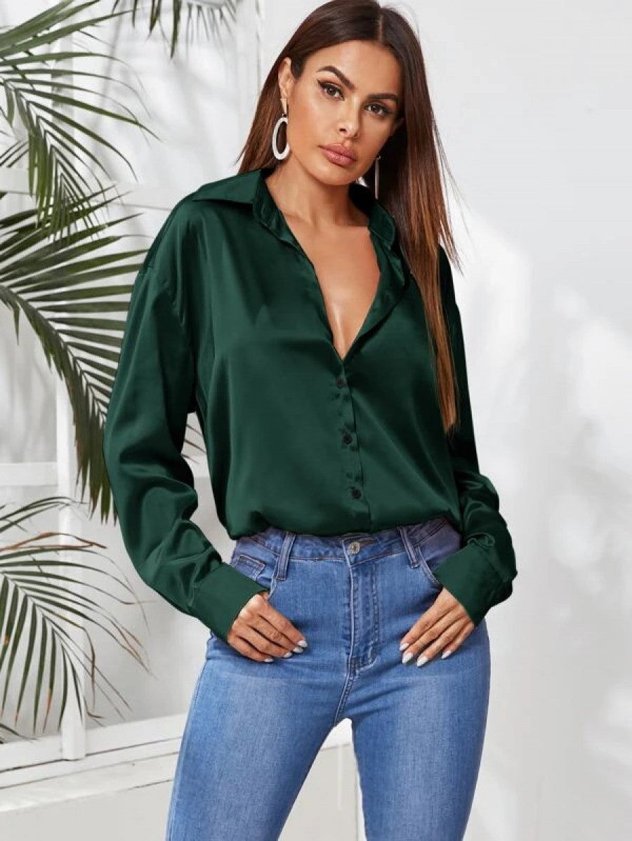 Satin Button Up Curved Hem Blouse Shein