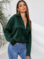 Satin Button Up Curved Hem Blouse Shein