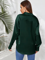 Satin Button Up Curved Hem Blouse Shein