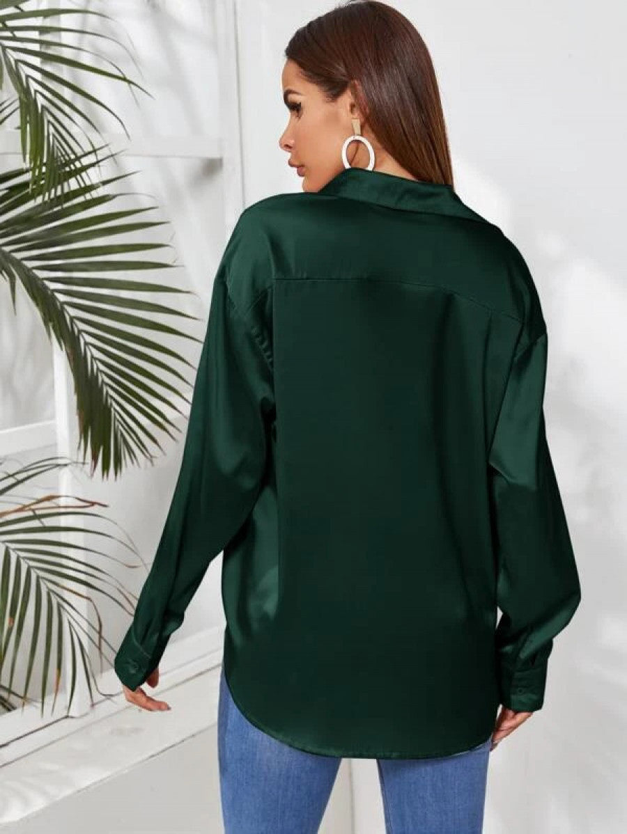 Satin Button Up Curved Hem Blouse Shein