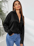 Satin Button Up Curved Hem Blouse Shein