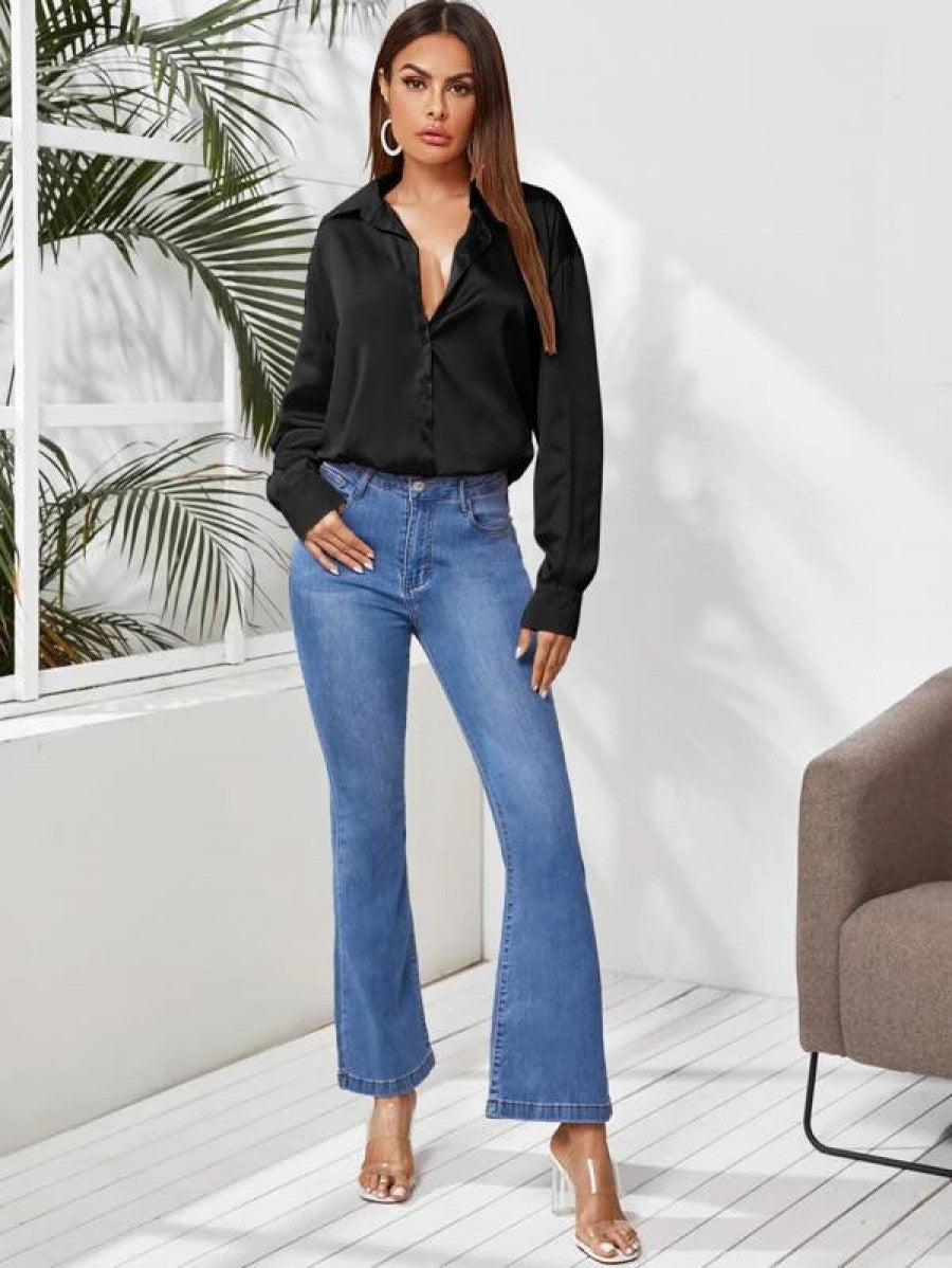 Satin Button Up Curved Hem Blouse Shein