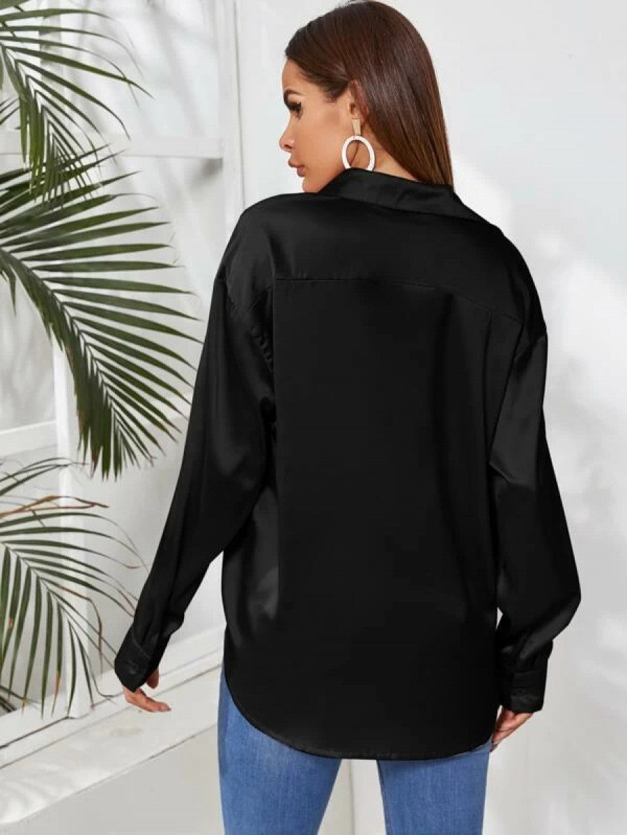 Satin Button Up Curved Hem Blouse Shein