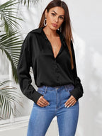 Satin Button Up Curved Hem Blouse Shein