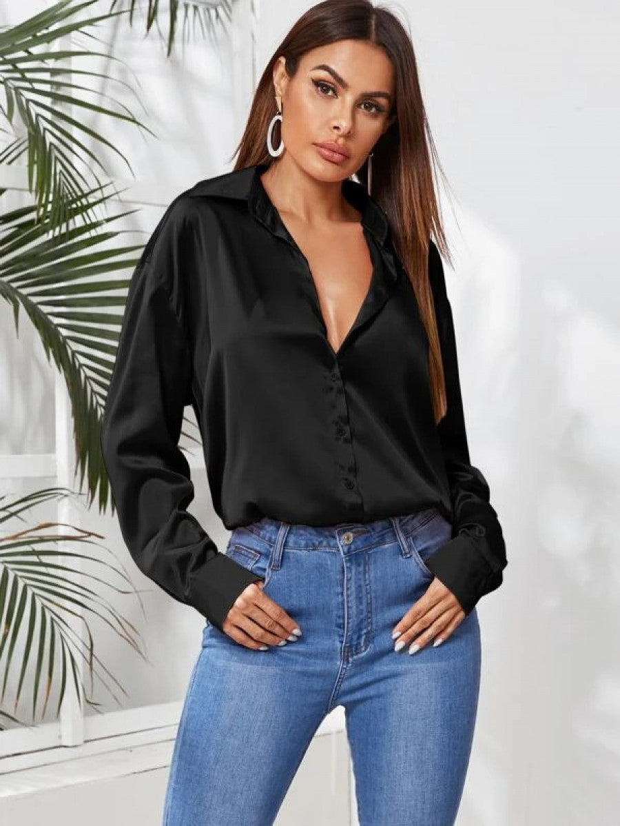 Satin Button Up Curved Hem Blouse Shein