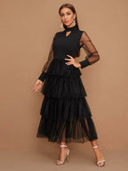Pearls Beaded Sheer Sleeve Layered Mesh Hem Peekaboo Dress Shein