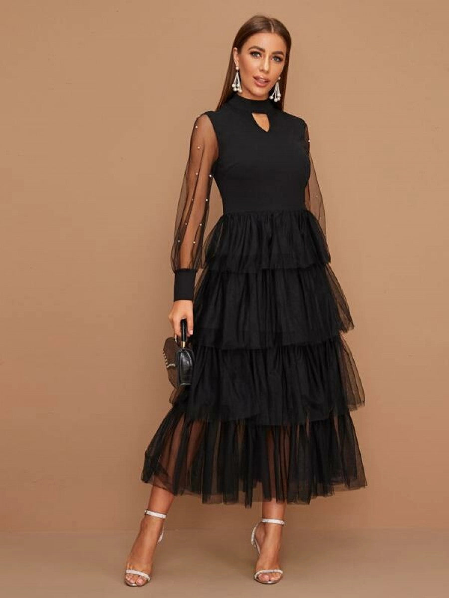 Pearls Beaded Sheer Sleeve Layered Mesh Hem Peekaboo Dress Shein