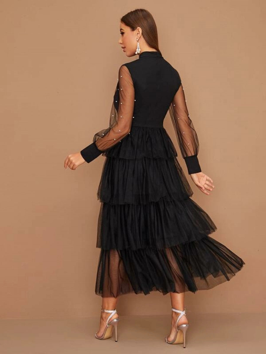 Pearls Beaded Sheer Sleeve Layered Mesh Hem Peekaboo Dress Shein