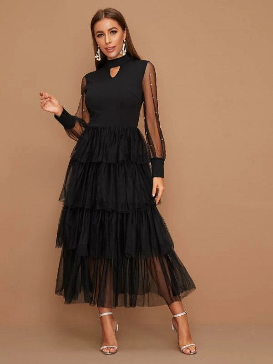 Pearls Beaded Sheer Sleeve Layered Mesh Hem Peekaboo Dress Shein
