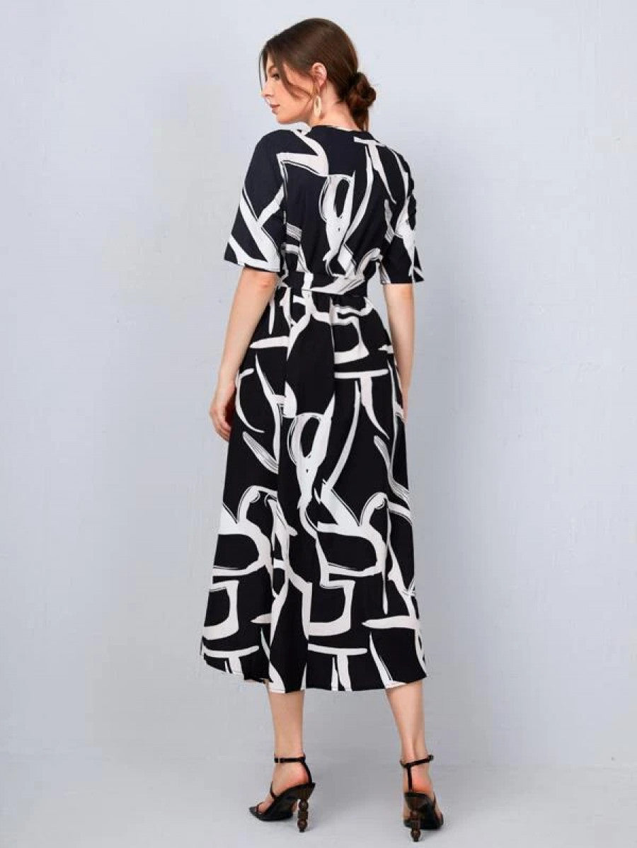 Allover Print Belted Dress Shein
