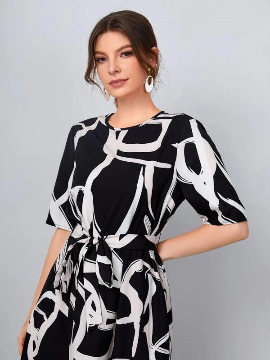 Allover Print Belted Dress Shein