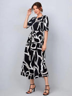 Allover Print Belted Dress Shein