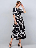 Allover Print Belted Dress Shein