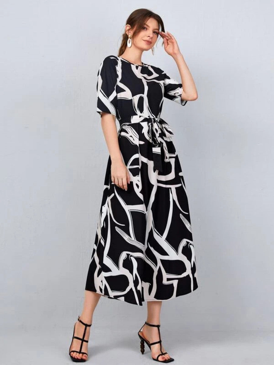 Allover Print Belted Dress Shein